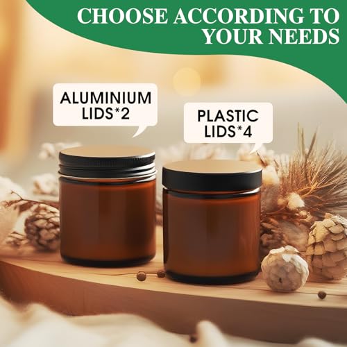 4 oz Glass Jars with Lids, 4 Pack Amber Small Glass Jars with Black Lids Leakproof Airtight Empty Cosmetic Travel Containers with Inner Liners For Lotions Body Scrub, Candle Making