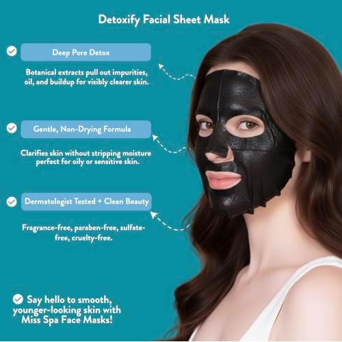 MISS SPA Detoxify Facial Sheet Mask Botanical Extracts to Decongest Pores Remove Impurities, Detox Facial Sheet Mask Skin Care, Dermatologist Tested, Cruelty-Free 4 Pack