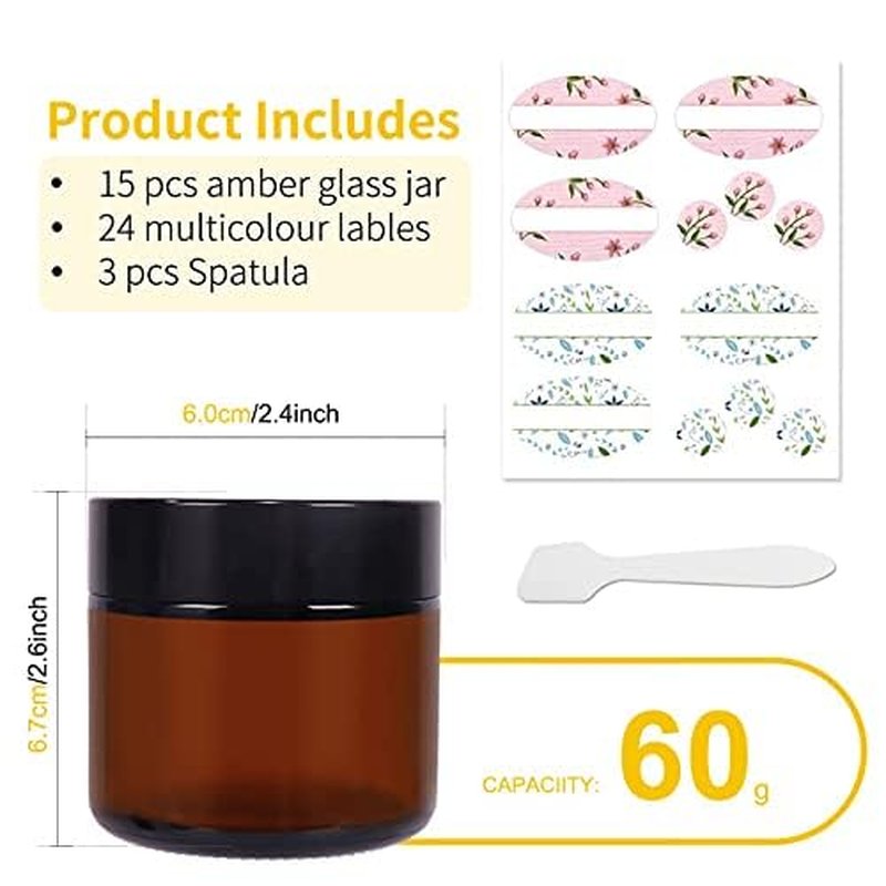 2 oz Amber Glass Jars 15 Pack - Refillable Cosmetic Containers
