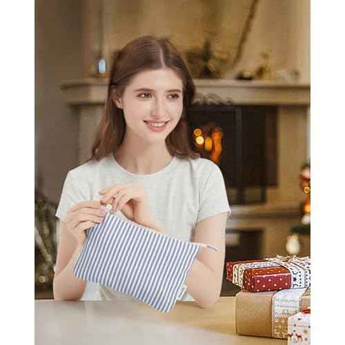 Narwey Small Striped Makeup Bag for Purse Travel Makeup Pouch Cosmetic Bag Zipper Pouch Bags for Women (Greyish Blue Stripe)