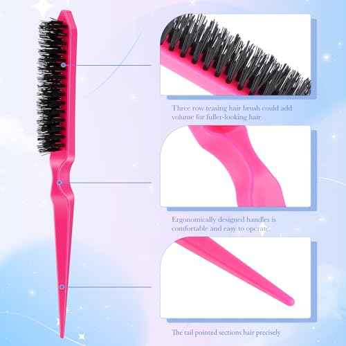 Yaomiao 6 Pcs Teasing Brush for Fine Hair Nylon Rat Tail Brush Set Women Three Row Salon Teasing Set for Back Combing, Root Hair Scalp Massage(Black, Blue, Rose Red, Yellow)