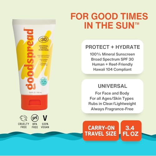 Mineral Sunscreen SPF 30 ? No White Cast, Reef Safe, Non Nano Zinc Oxide, Water Resistant, Lightweight, Face & Body Sunscreen for Sensitive Skin ? Goodspread