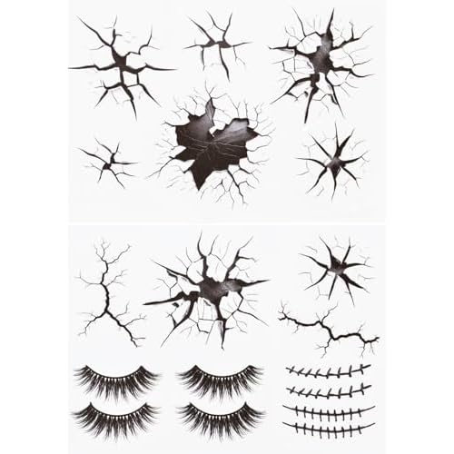 Halloween Creepy Cracks Face Tattoo Set, Temporary Makeup Stickers with Eyelashes, Black Broken Glass Pattern, Costume Accessories (Black)