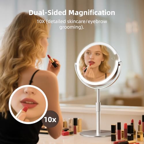 Makeup Mirror with Magnification (1X/10X), 8" Round Magnifying Vanity Mirror with Lights, Cordless Double Sided Light Weight Aluminum Alloy - Gifts Idea