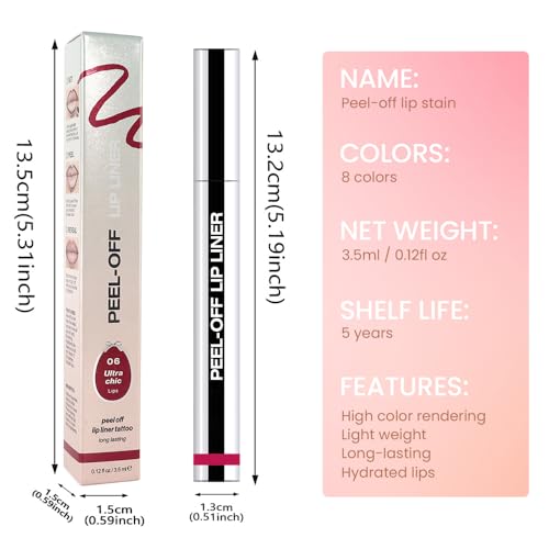 Peel Off Matte Liquid Lip Gloss Stain-Lip Liner with Tweezer, Pinkish Red Peel Off Lip Stain, Long Lasting & Waterproof Lipstick Tattoo, Transfer-Proof Lip Gloss for All Skin Types (06#, 1Pcs)