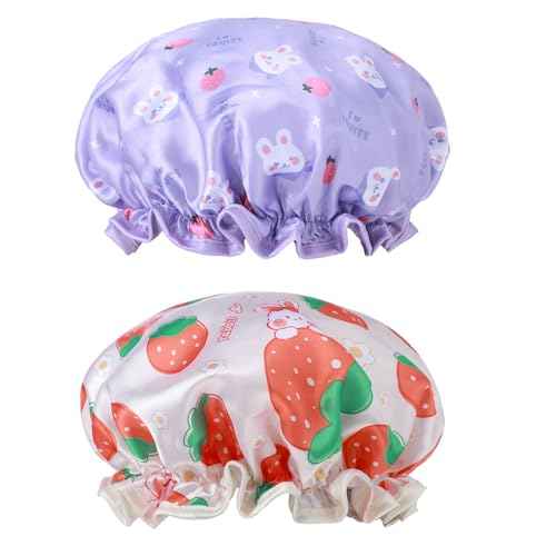 TIESOME Kids Shower Caps, 2 PCS Yellow & Purple Waterproof Double Layers Shower Caps Cute Rabbit Bonnets Elastic Band Bonnet Satin and Eva Soft Kids Sleeping Cap Reusable Shower Cap for Kids