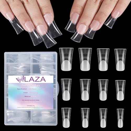Laza 120pcs Medium Length Duck Nail Tips with Auxiliary Lines 12 Sizes Box-packed Clear Duck Nails Full Cover Wide Nail Tips French False Nail Tips for Acrylic Nails Extension Tips