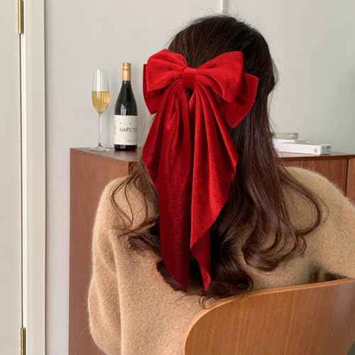 Bright Red Velvet Large Hair Bow Long Tail Bowknot Hair Barrette Clip 8.26 Inch Women Girls Fall Winter Ponytail Holder Hair Accessories