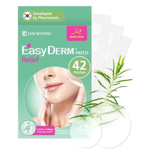 EasyDerm Relief Invisible Patch(42 counts) I Contains 10,000ppm of Tea Tree Oil, Pimple Patch, Ultra-slim 0.1mm, Waterpoof, Korean Pimple Patches Stocking Stuffer Holiday Gift MUST HAVE