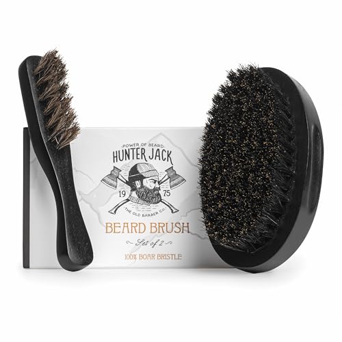 Beard Brush for Men - Natural Boar Bristle Beard Brush Kit - Soft Small Mustache Brush for Men - Premium Travel Grooming Set by Hunter Jack