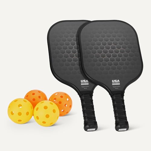 Amazon Basics Black Pickleball Paddle Set with 4 Balls & Carry Bag - USAPA Approved, Lightweight Carbon Fiber Rackets