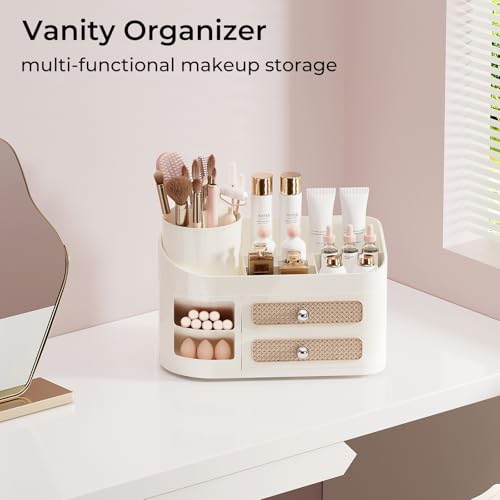 Makeup Organizer with Rotating Brush Holder & 2 Drawers
