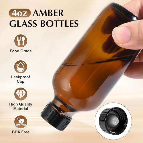 4oz Amber Glass Boston Round Bottles with Leak-Proof Lids - 24 Pack