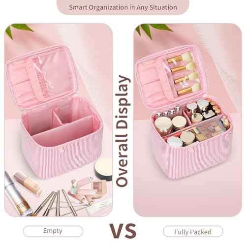 OCHEAL Makeup Bag Large Capacity Travel Make up Pouch for Cosmetics, Vertical Storage with Divider Toiletry Bag for Skincare Organization-Pink