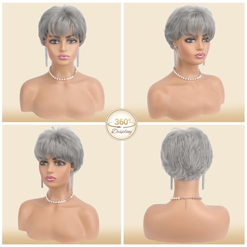 Haloo Grey Pixie Wig - Short Layered Synthetic Hair for Women