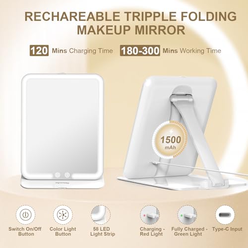 Mocado Travel Makeup Mirror with Light, Rechargeable, 3 Colors