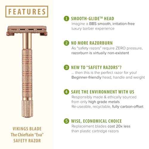 VIKINGS BLADE Safety Razor for Women + 5 Swedish Steel Blades. Quick Release Head, Double Edge. Smooth, Reusable, Recyclable (Model: Eva)
