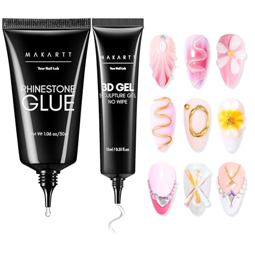 Makartt Rhinestone Glue & 3D Nail Gel Kit 30ml + 15ml for Nails