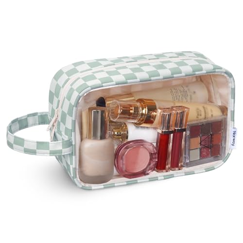 Narwey Clear Toiletry Bag for Women - Green Checkerboard Travel Organizer, Waterproof Cosmetic Storage