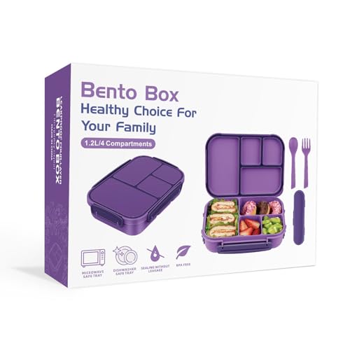 Amathley Lunch Box Kids,Bento Box Adult,Leakproof Lunch Containers for Adults/Kids/Toddler,1200ML-4 Compartments bento Lunch box with Utensil,Microwave & Dishwasher & Freezer Safe (Purple)