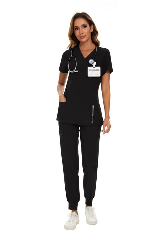 COZYFIT Scrubs for Women Set - Stretch V-Neck Scrub Top & Jogger Pant with 8 Pockets, Yoga Waistband, Anti Wrinkle, Slim Fit Women Scrubs