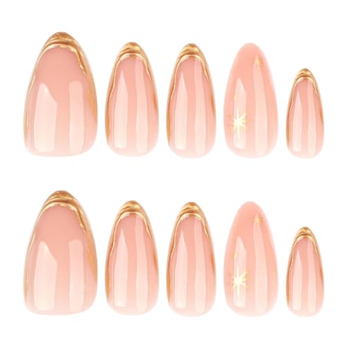 Foccna Almond Press-On Nails with Gold Line Design, 24 Pcs (Variation: Nails 4) Glossy Full Cover Glue-On Nails