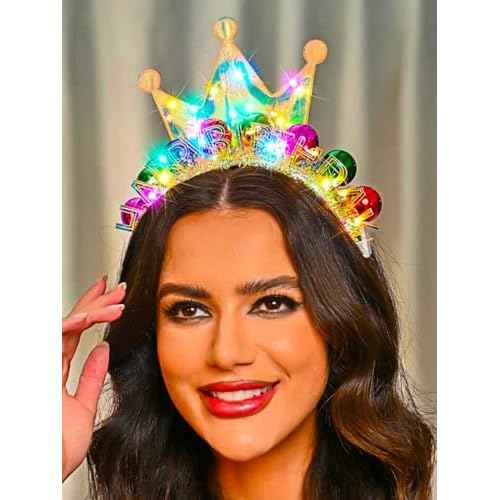 Zoestar Light Up Happy Birthday Crown Headband Glow Ball Hair Bands Sparkly Birthday Party Hair Accessories Women