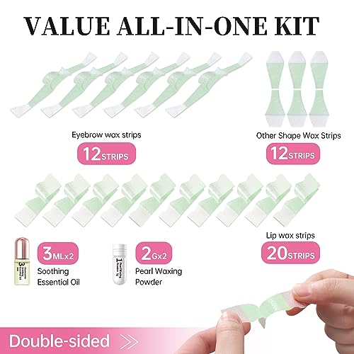 Beauty7 Wax Strips Kit, 2 SETS IN ONE PACKAGE. Eyebrow & Lip Facial Hair Removal with Pearl Powder Essential Oil for All Skin Types Women