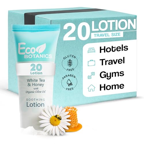 Travel Size Hotel Lotion 20 Count 0.85 oz Bottles Guest Amenities | Vacation Rentals and Short Term Rentals Paraben Free White Tea Scent Infused with Aloe Honey and Olive Oil by Eco Botanics