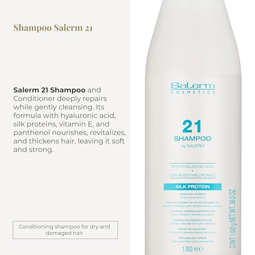 Salerm - Hydrating Shampoo 21 Silk Protein - 1000 ml - for Dry and Damaged Hair - with Silk Proteins - Nourishes, Repairs, and Revitalizes Hair - Heat Protection