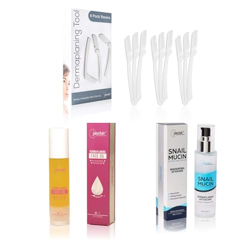 Complete Dermaplaning Skincare Kit ? 9-Pack Precision Razors, Pre-Treatment Face Oil & Hydrating Snail Mucin Serum