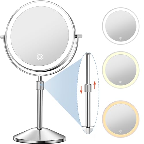 Vanity Mirror with Lights 7" Rechargeable 1x/10x Lighted Makeup Mirror Adjustable Height Double Sided Mirror with Lights 360¡ÆRotating Makeup Mirror