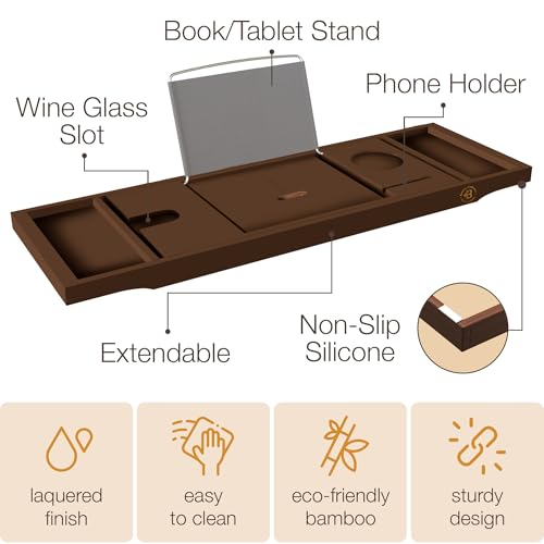 Bamboo Bathtub Tray, Expandable Bath Caddy with Wine Holder