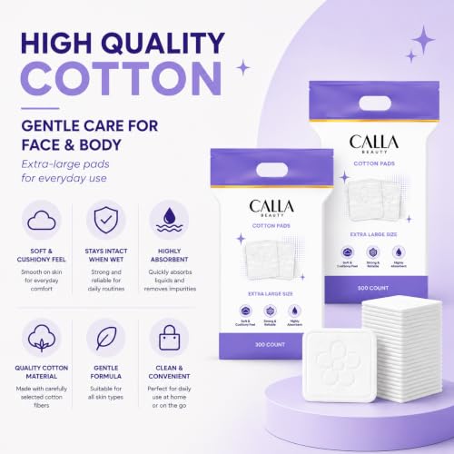 CALLA BEAUTY Large XL Square Cotton Pads - 300 Count Spunlace Face Pads