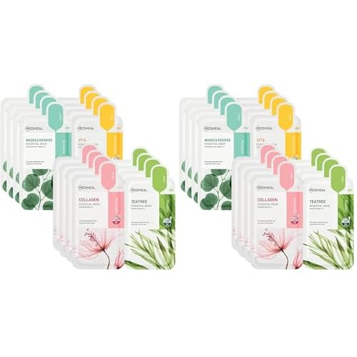 Mediheal Sheet Mask New Essential HERO 32 pack (Collagen, Tea Tree, Madecassoside, Vita) | Korean Skincare Facial Sheet Mask Combo Kbeauty Korean Glass Skin