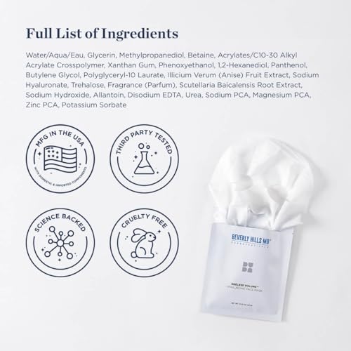 Beverly Hills MD Ageless Volume Hyaluronic Face Mask- Reduce Appearance of Wrinkles, Anti Aging Formula for Plump, Moisturized Skin- 8 Pack- Hydrating & Firming Gentle Sheet Mask