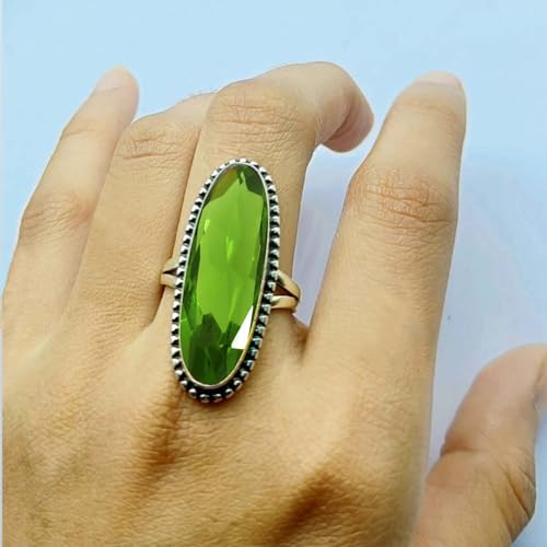 Peridot Ring Boho Large Oval Shape Handmade Ring For Women 925 Sterling Silver Boho Solitaire Ring For Wedding Birthday Friendship, August Birthstone Gift For Her Doublet Quartz Peridot Jewelry By NKG