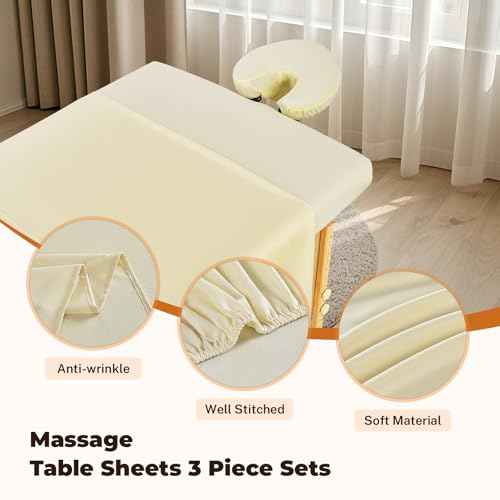 4 Sets Premium Microfiber Massage Table Sheets Set, 3 Piece Set Soft Massage Table Cover, Ultra-Light Massage Sheets Sets Include Flat Sheet, Fitted Sheet, and Fitted Face Rest Cover, Beige