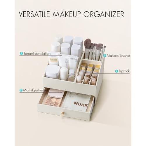 VLANDO Makeup Organzier,Vanity Organizer with Drawers, PU Leather Skincare Organizer Perfume Organizer,Large Cosmetic Display Case for Lipstick,Brushes Gifts for Women-Beige
