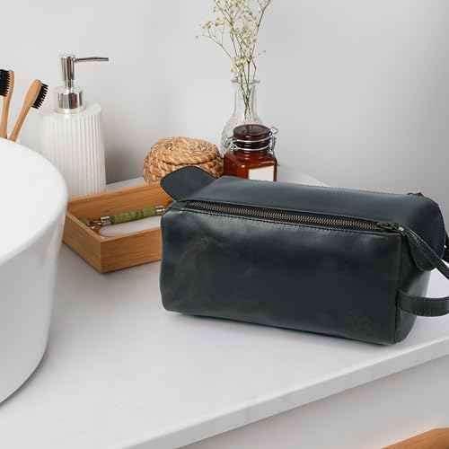 Leather Toiletry Bag for Men, Travel Duffels Essentials Shaving Dopp Kit, Mens Travel Bag Toiletries Organizer Case for Grooming, Made from 100% Real Leather (Black)
