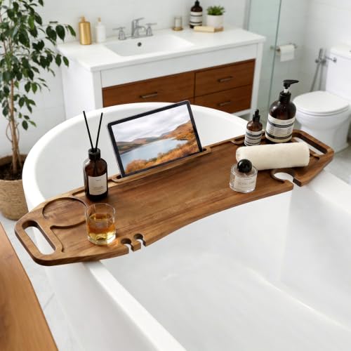 35 Inch Acacia Wood Bathtub Tray with Wine Holder