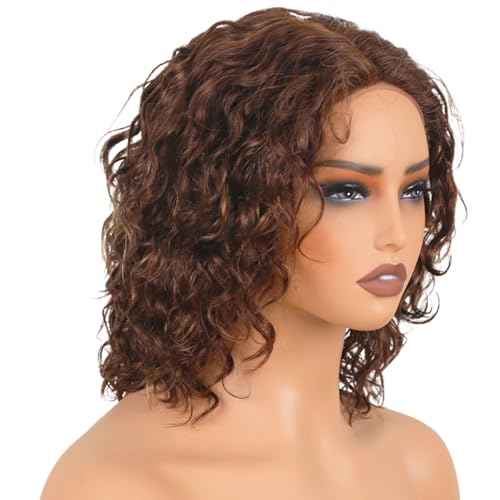Ombre Curly Wave Lace Front Wigs Wear and Go Glueless Wigs Human Hair Pre Plucked Pre Cut Wet and Wavy Lace Front Wig180% Density T Part Honey Blonde and Brown Mixed Wig(FS4/27,12inch)