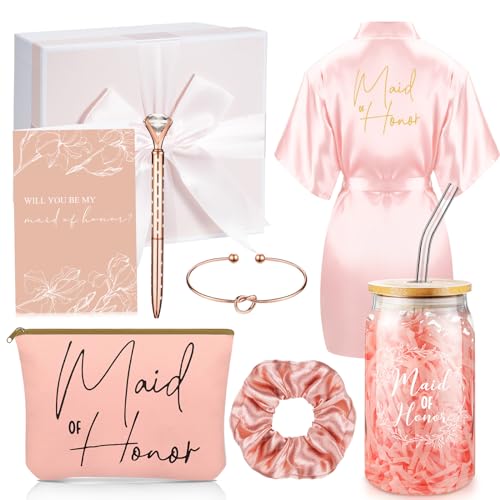 Irenare 8 Pcs Proposal Gifts Set Robes Makeup Bag Cup Cards Hair Tie Bracelet Diamond Pen Bridesmaid Gift Box(Pink,Maid of Honor)