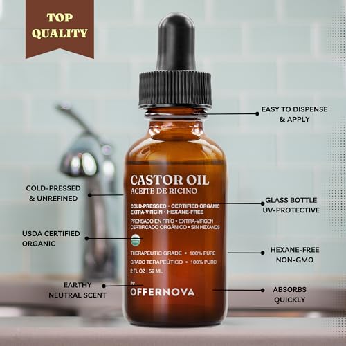 Offernova Organic Castor Oil, Pure Cold Pressed - Eyelash Serum for Hair Growth, Thicker Eyebrows - Hexane Free- Aceite de Ricino Organico para Crecimiento Pesta?as
