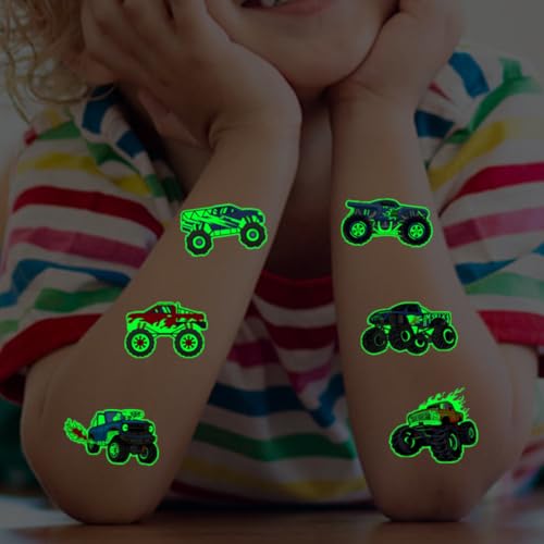 Luminous Monster Truck Temporary Tattoos for Kids - 12 Sheets Glow in the Dark Monster Truck Tattoos for Kids Monster Truck Birthday Decorations