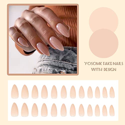 YOSOMMK Nude Press on Nails Almond Shaped Fake Nails Medium Glossy Stick on Nails Natural Full Cover False Nails Acrylic Glue on Nails for Women