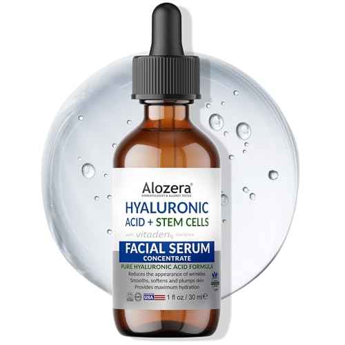 Alozera Pure Hyaluronic Acid Serum with Stem Cells for Face & Neck, Deep Hydration Facial Moisturizer for Plumper & Smoother Skin, Concentrated Anti-Aging Serum, Day & Night
