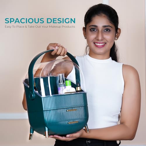 Makeup Cosmetic Organizer Box with Drawer Storage - Plastic Oval Storage Organizer with Turn Lock, Large Capacity for Women¡¯s Skincare and Beauty Products (Green)