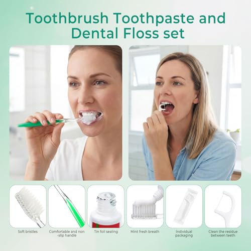 50 Sets Personal Hygiene Kit Bulk,10-IN-1 Green Individually Wrapped Disposable Travel Toothbrushes and Hotel Vanity Set Basic Toiletry Supplies for Homeless,Guests,Charity