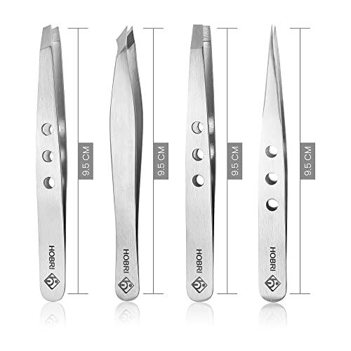 Tweezers Set, Eyebrows Tweezers Set Professional Stainless Steel Tweezers Set - 4 Pieces with Leatherette Travel Case Perfect for Facial Hair, Beauty and Personal Care Tool Set, Hobri International